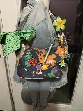 Paint-Splash Denim Shoulder Bag with Floral Charm - Green Accents